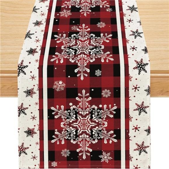 Christmas Table Runner Plaid Decor Winter Snowflake Decoration Decorative Cloth - Picture 2 of 10